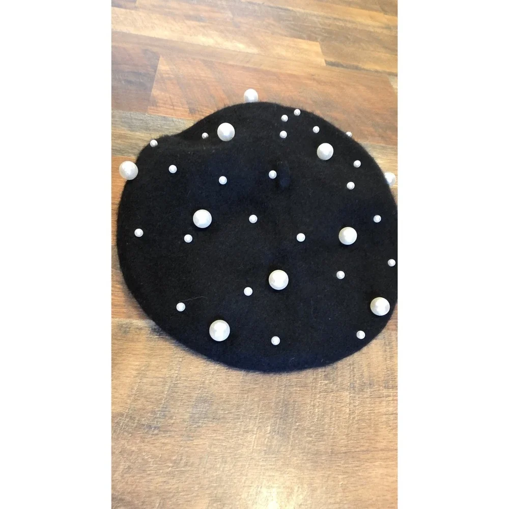 NWT Black Beret Hat Classic Pearl French Faux Wool Artist European
